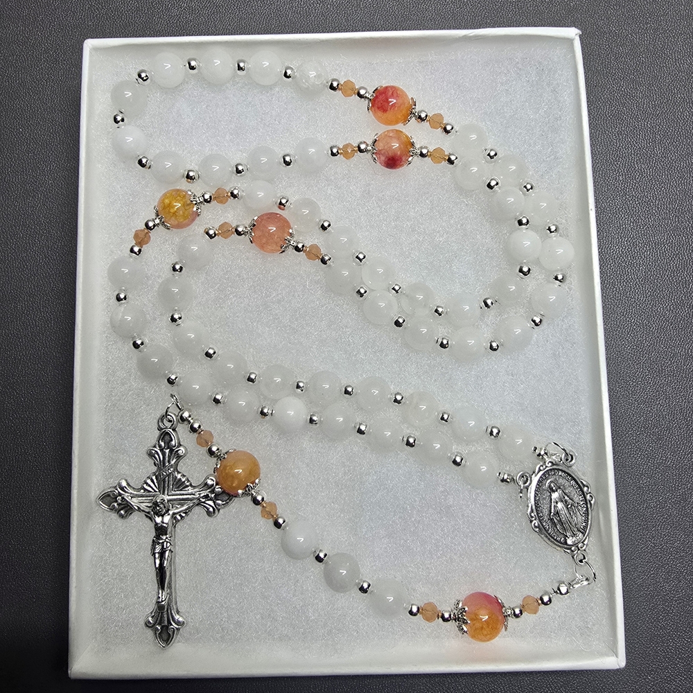 White and Orange Beaded Rosary with Silver Accents